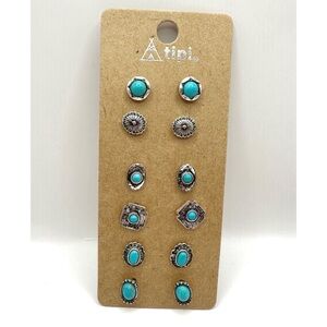 Tipi 6 post Western Silver tone Faux turquoise earring set NEW